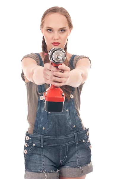Young woman holding drill with auger — Stock Photo, Image