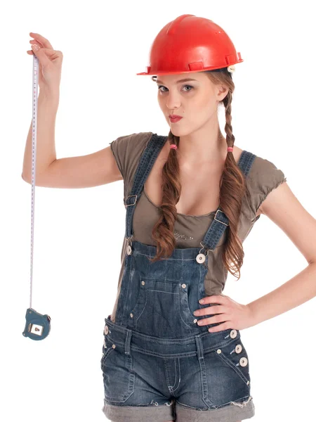 Młody pracownik figlarny kobieta trzyma centymetrem — Zdjęcie stockowe