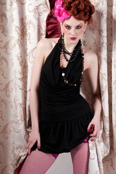Closeup portrait of fashion woman posing with silck fabric — Stock Photo, Image