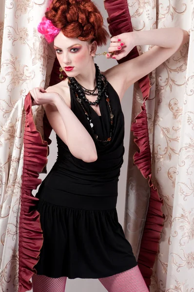 Closeup portrait of fashion woman posing with silck fabric — Stock Photo, Image