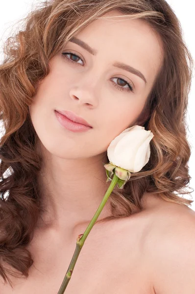 흰색 장미 꽃과 아름 다운 여자의 근접 촬영 — 스톡 사진