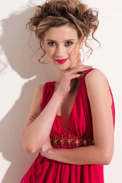 Close-up of beautiful girl with red vogue maekeup — Stock Photo, Image