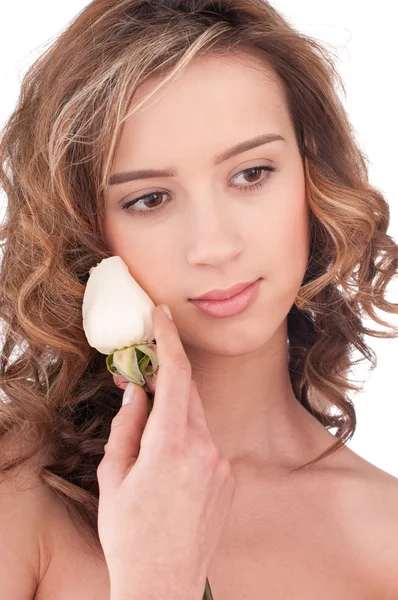 Close-up of beautiful girl with white rose flower — Stock Photo, Image