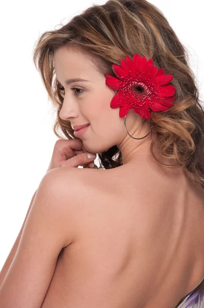 Μεγέθυνση του όμορφη κοπέλα με το λουλούδι κόκκινο aster — Φωτογραφία Αρχείου