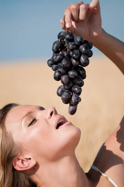 Nő búza mezőben étkezési szőlő. nyári piknik. — Stock Fotó