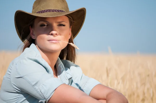 Cowboy vrouw in land tarweveld — Stockfoto