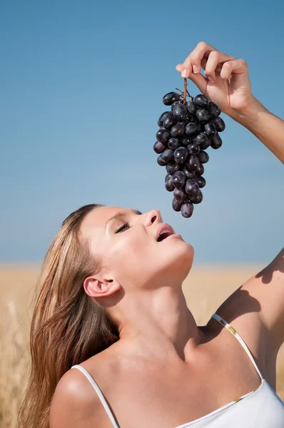 Nő búza mezőben étkezési szőlő. nyári piknik. — Stock Fotó