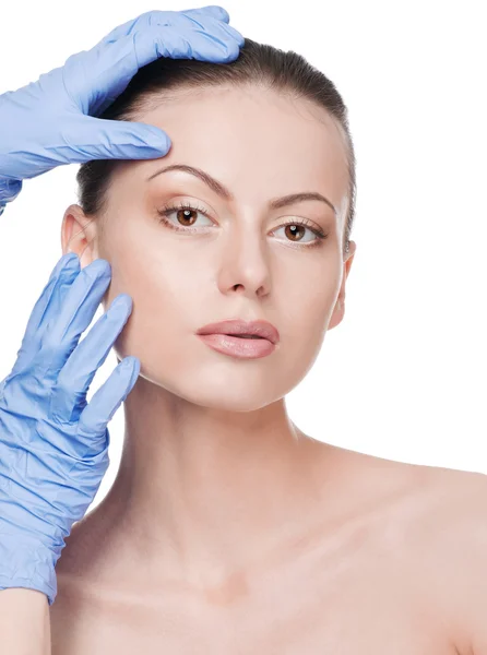Beautician touch and exam health woman face — Stock Photo, Image