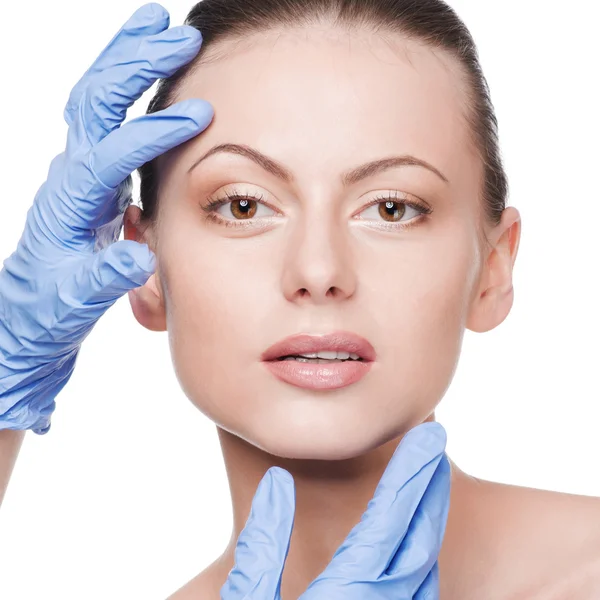 Beautician touch and exam health woman face — Stock Photo, Image