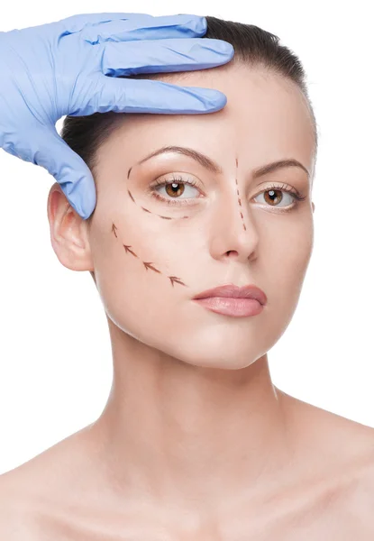 Correction lines on woman face, before surgery operetion — Stock Photo, Image