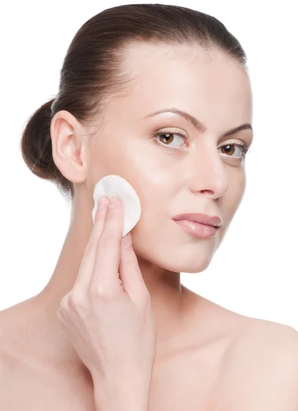 stock image Young beautiful woman with clean sponge