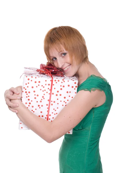 Close up portrait of woman with huge gift — Stock Photo, Image