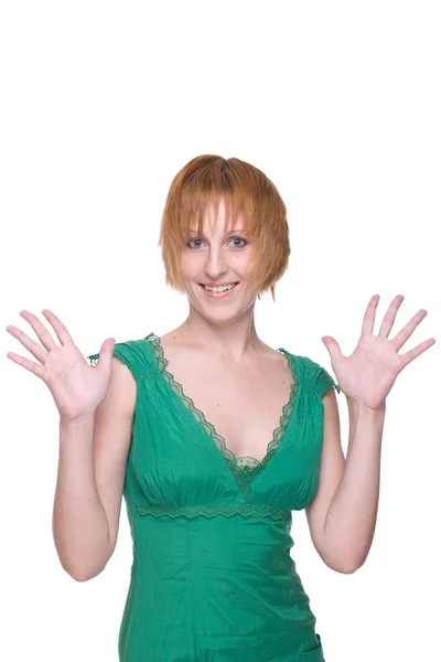 Primer plano retrato de chica emocional en vestido verde —  Fotos de Stock