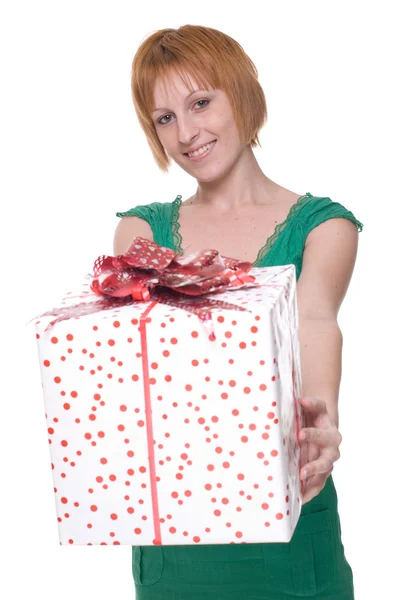 Close up portrait of girl with huge gift — Stock Photo, Image
