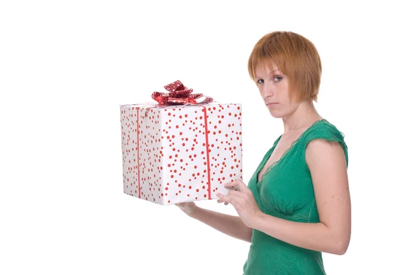 Close up portrait of girl with huge gift — Stock Photo, Image