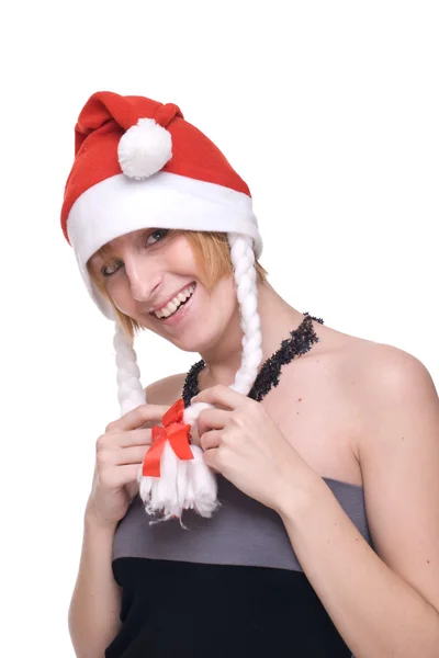 Primer plano retrato de niña en vestido gris y sombrero de Santa Claus — Foto de Stock