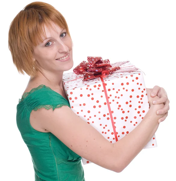 Ritratto ravvicinato di donna con regalo enorme — Foto Stock