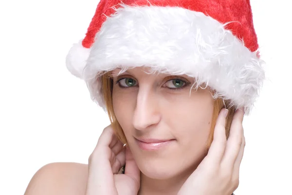 Portret van meisje in Kerstman hoed close-up — Stockfoto