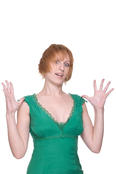 Close-up van portret van emotionele meisje in groene jurk — Stockfoto