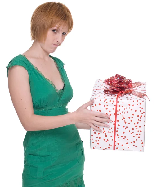 Close up portrait of woman with huge gift — Stock Photo, Image