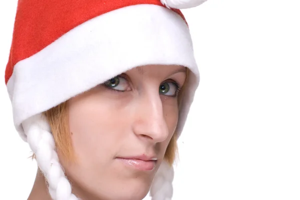 Close up ritratto di ragazza in cappello di Babbo Natale — Foto Stock