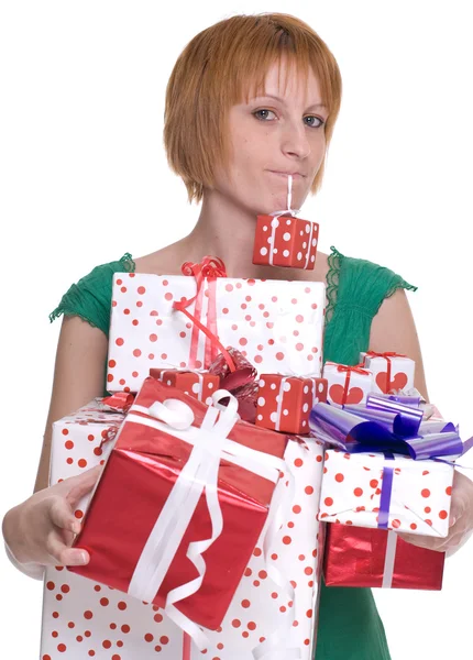Close up portrait of girl with some gifts in mouth — Stock Photo, Image