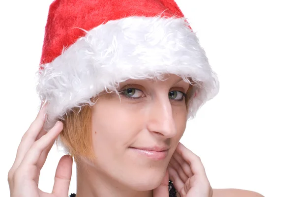 Noel Baba şapkalı kız portresi yukarıya kapatmak — Stok fotoğraf