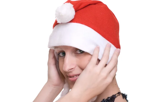 Close up portrait of girl in santa claus hat — Stock Photo, Image