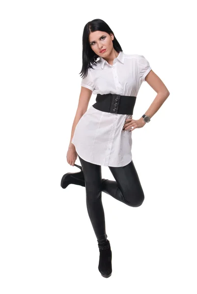 Retrato de bela mulher da moda em terno preto e branco — Fotografia de Stock