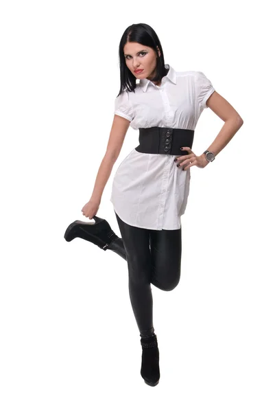 Portret van mooie mode vrouw in zwart-wit pak. — Stockfoto