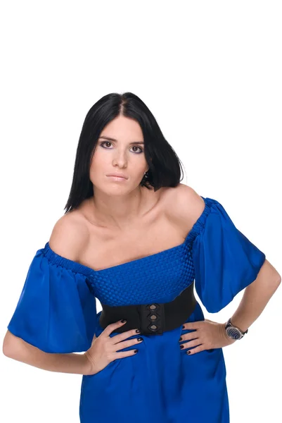 Primo piano ritratto di bella donna di moda in blu — Foto Stock
