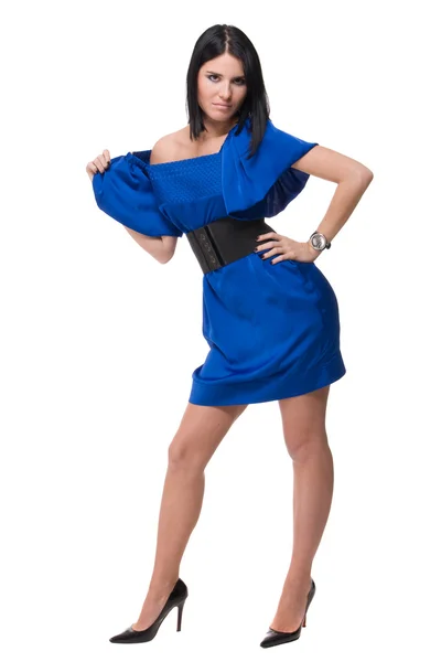 Ritratto di bella donna di moda in abito blu — Foto Stock