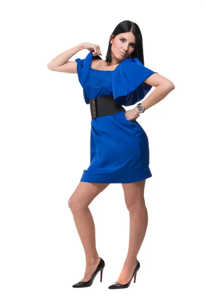 Portret van mooie mode vrouw in blauwe jurk — Stockfoto