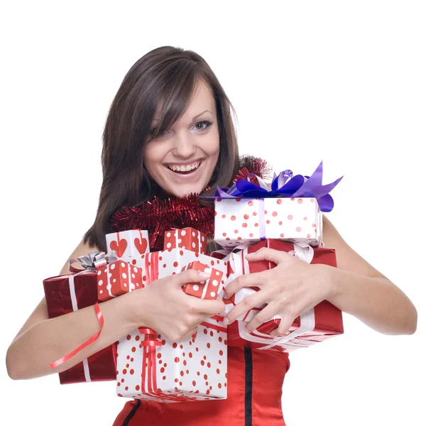 Donna in abito da Babbo Natale con regali — Foto Stock