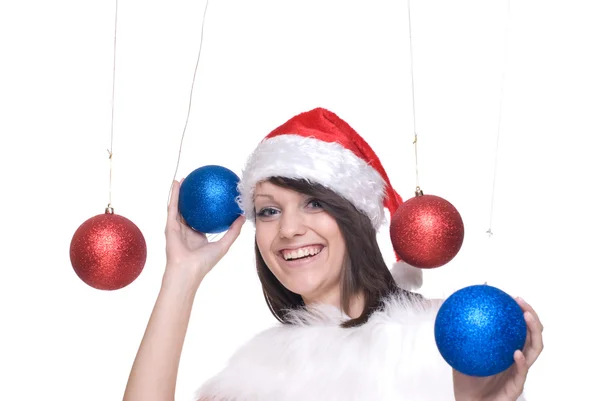 Close up portrait girl in santa dress and decoration balls — Stock Photo, Image