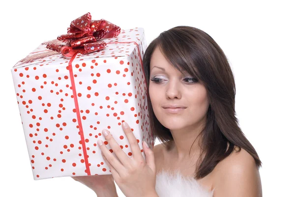 Close up portrait of girl in santa dress with gifts — Stock Photo, Image