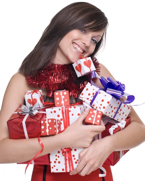 Santa hediyeler ile içinde kadın — Stok fotoğraf