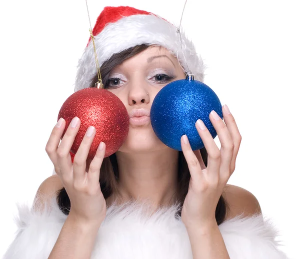 サンタ服や装飾ボールについての女性 — ストック写真