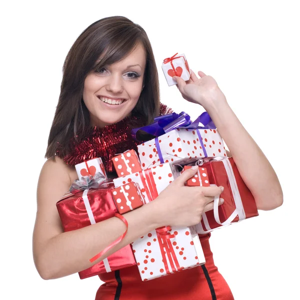 Nő a télapó ruha ajándékokkal — Stock Fotó
