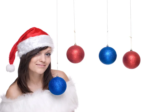 Woman in santa dress and decoration balls — Stock Photo, Image
