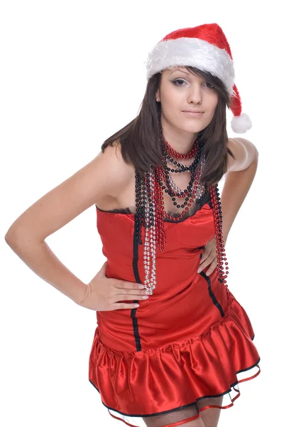 Gros plan portrait de fille en robe de Père Noël et perles — Photo
