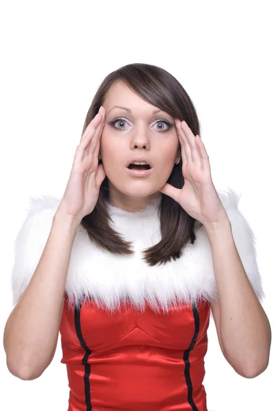Close up retrato de menina em vestido de Papai Noel — Fotografia de Stock