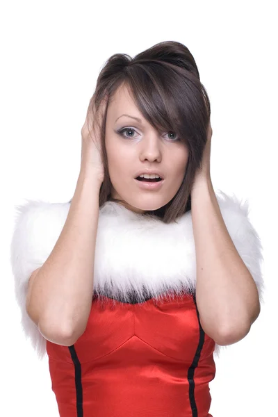 Close up retrato de menina em vestido de Papai Noel — Fotografia de Stock