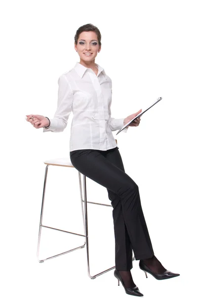 Retrato de joven mujer de negocios emocional en silla — Foto de Stock