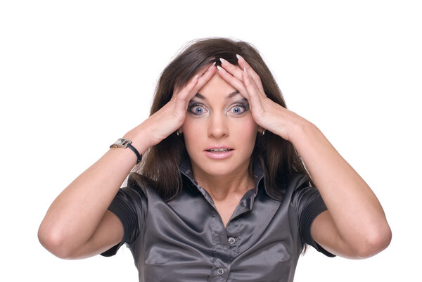 Close up portrait of young business woman with problem