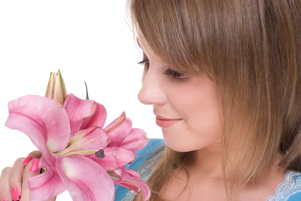 Primer plano retrato de joven hermosa mujer con flor —  Fotos de Stock