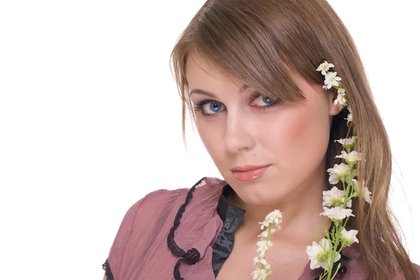 Primer plano retrato de joven hermosa mujer con flor —  Fotos de Stock