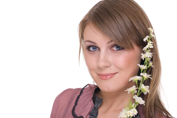 Close up portrait of young beautiful woman with flower — Stock Photo, Image