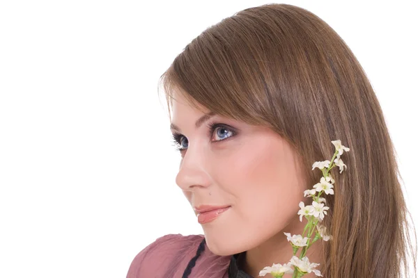 Close up retrato de jovem mulher bonita com flor — Fotografia de Stock