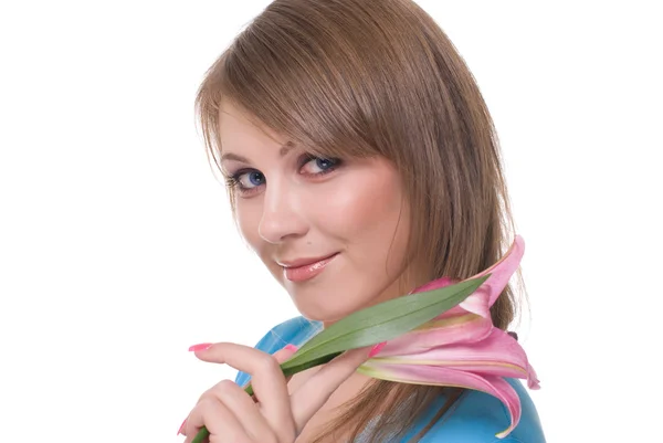 Close up retrato de jovem mulher bonita com flor — Fotografia de Stock